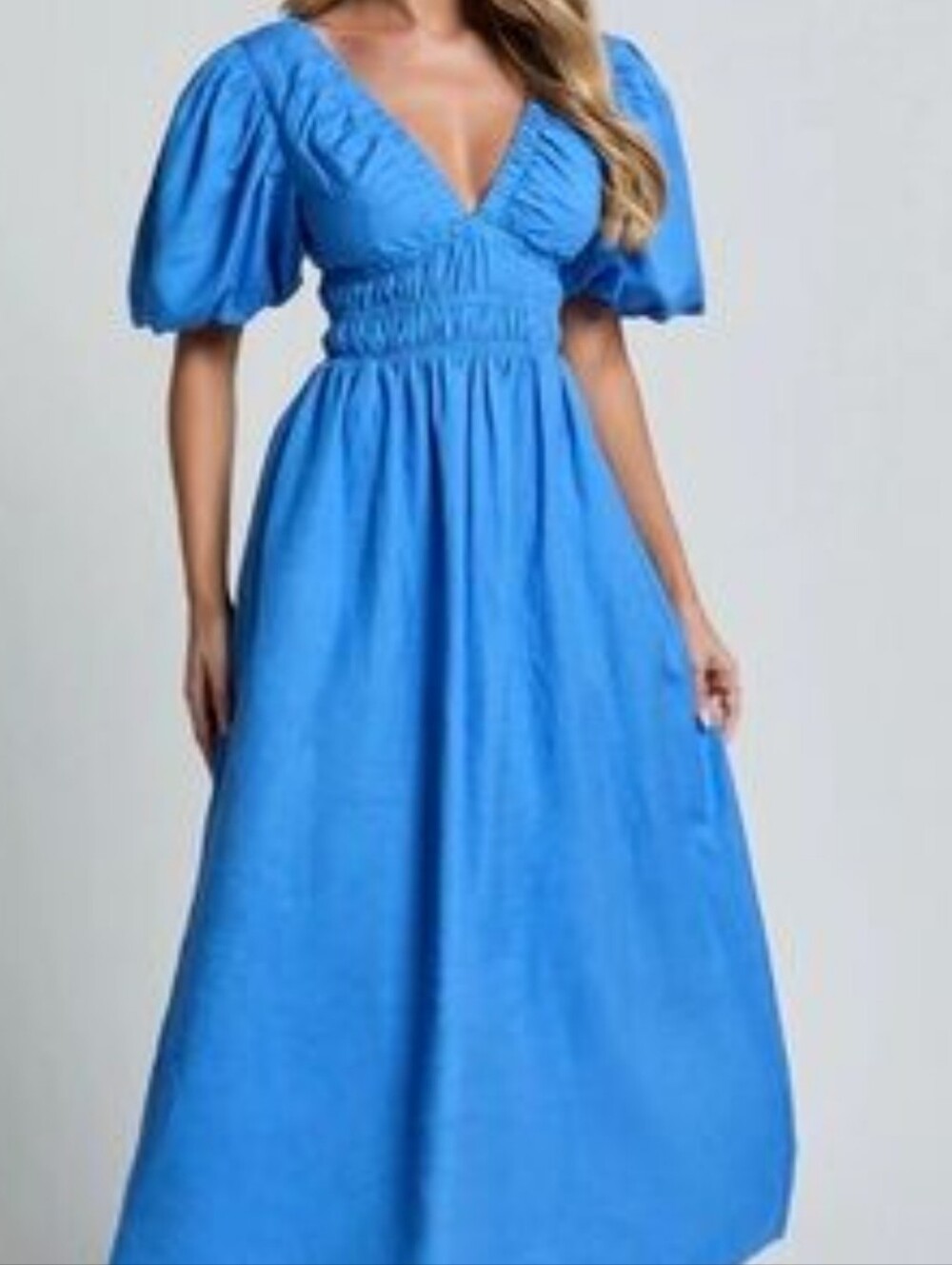 White Closet Blue V-Neck Puff Sleeve Maxi Dress Size Medium Linen Blend